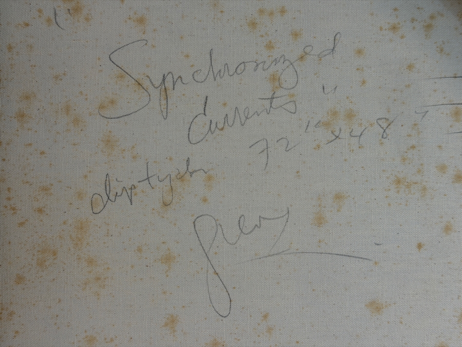 Gerrit Greve (1948-2024, Cardiff by the Sea, CA) Original Acrylic Diptych Painting On Canvas Titled 'Synchronized Currents' Signed Bottom Right And Verso 72 X 48 Estimate $3,400 - $4,400 [Photo 11]
