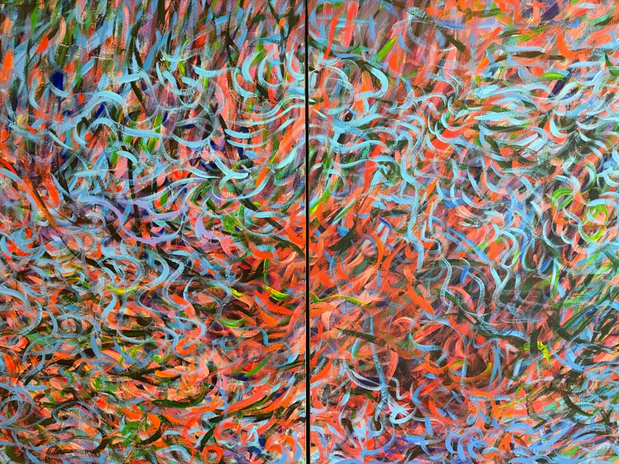 Gerrit Greve (1948-2024, Cardiff by the Sea, CA) Original Acrylic Diptych Painting On Canvas Titled 'Synchronized Currents' Signed Bottom Right And Verso 72 X 48 Estimate $3,400 - $4,400 [Photo 3]