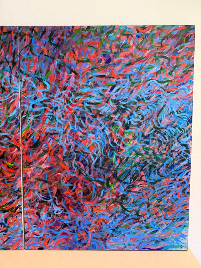 Gerrit Greve (1948-2024, Cardiff by the Sea, CA) Original Acrylic Diptych Painting On Canvas Titled 'Synchronized Currents' Signed Bottom Right And Verso 72 X 48 Estimate $3,400 - $4,400 [Photo 5]