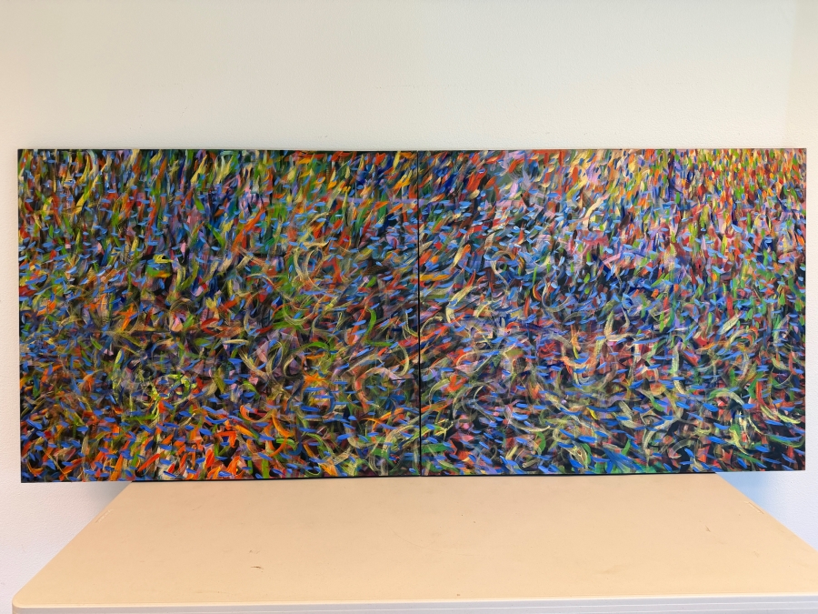 Gerrit Greve (1948-2024, Cardiff by the Sea, CA) Original Acrylic Diptych Painting On Canvas Titled 'Bright Flash Of Fish' Signed Verso 96 X 40 Estimate $3,400 - $4,400 [Photo 2]