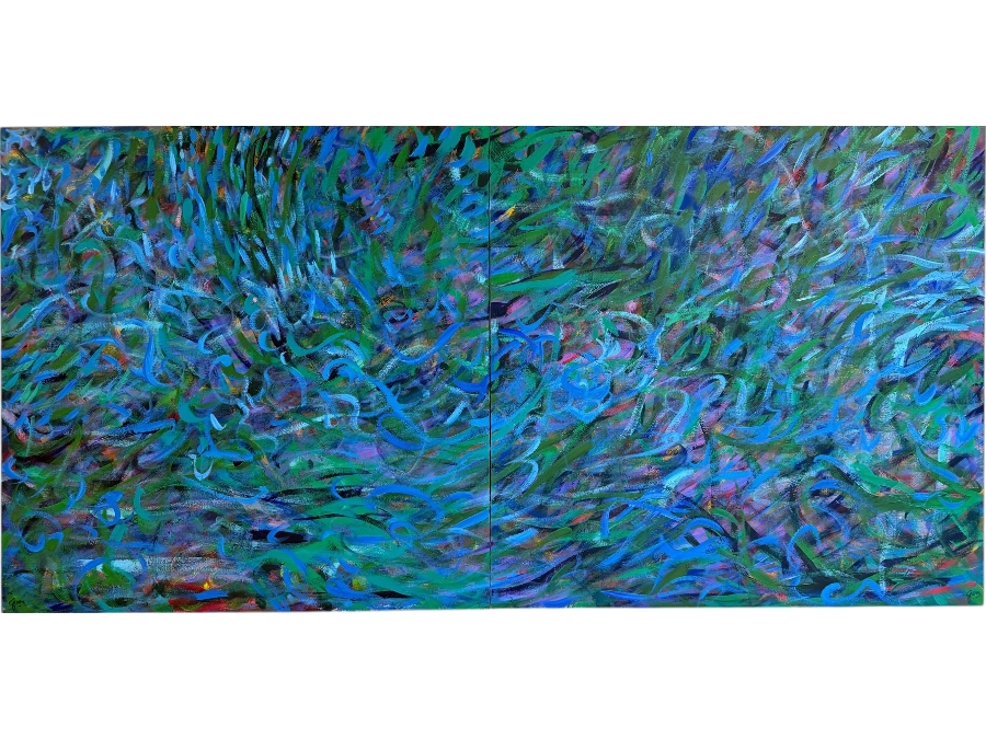 Gerrit Greve (1948-2024, Cardiff by the Sea, CA) Original Acrylic Diptych Painting On Canvas Titled 'Underwater Reeds' Signed Bottom Right And Verso 80 X 40 Estimate $3,400 - $4,400
