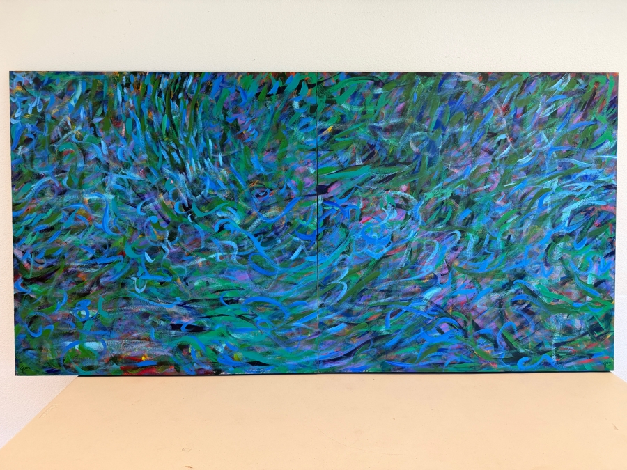 Gerrit Greve (1948-2024, Cardiff by the Sea, CA) Original Acrylic Diptych Painting On Canvas Titled 'Underwater Reeds' Signed Bottom Right And Verso 80 X 40 Estimate $3,400 - $4,400 [Photo 2]