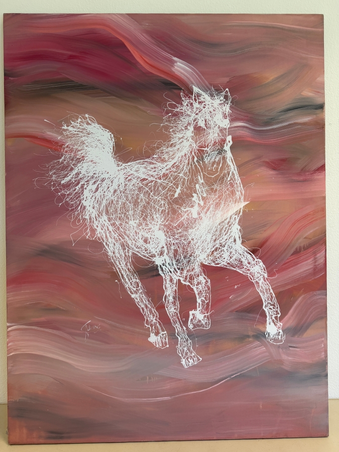 Gerrit Greve (1948-2024, Cardiff by the Sea, CA) Original Acrylic Drip Painting On Canvas Titled ' White Horse #7' Signed Lower Left 36 X 48 Estimate $1,700 - $2,200 [Photo 2]