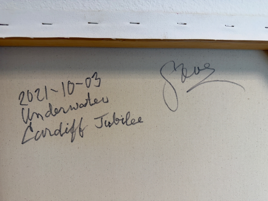 Gerrit Greve (1948-2024, Cardiff by the Sea, CA) Original Acrylic Painting On Canvas Titled 'Underwater Cardiff Jubilee' 2021 Signed Bottom Left And Verso 60 X 36 Estimate $2,200 - $2,700 [Photo 8]