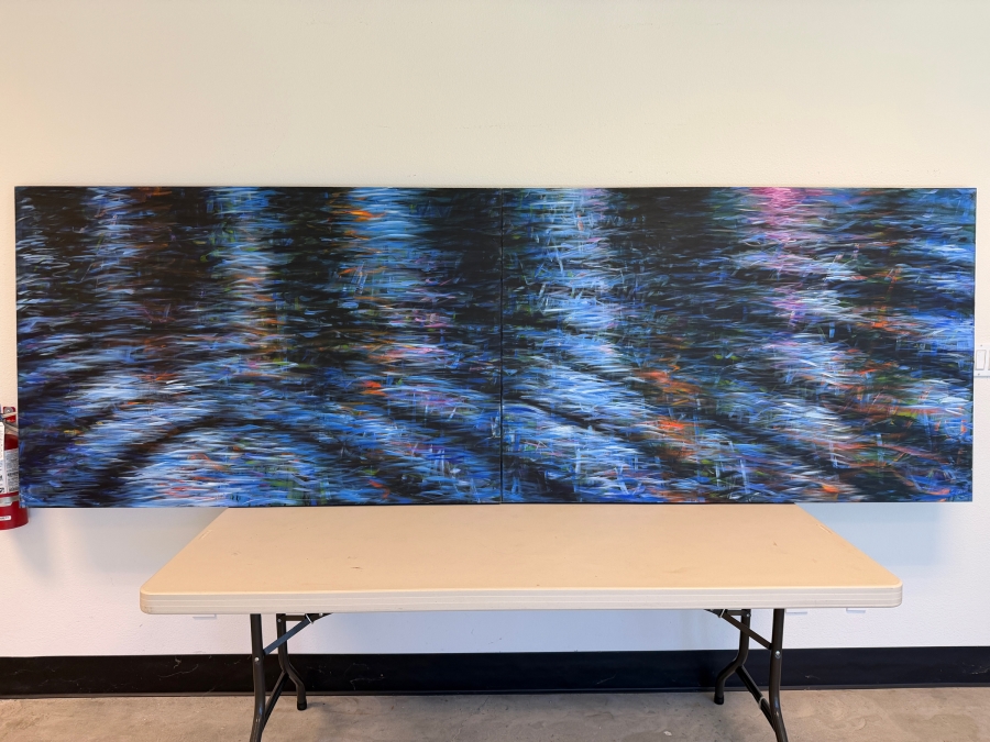 Gerrit Greve (1948-2024, Cardiff by the Sea, CA) Original Acrylic Diptych Painting On Canvas Titled 'Six Trees Reflected' 2018 Signed Bottom Right 120 X 40 Estimate $4,400 - $6,000 [Photo 2]