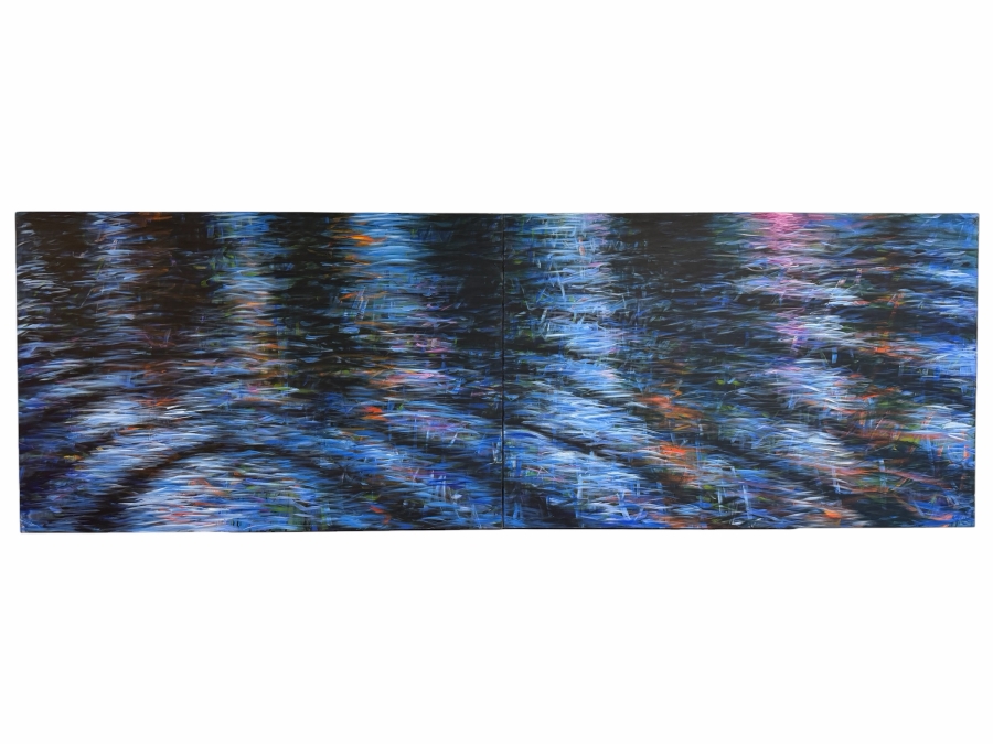 Gerrit Greve (1948-2024, Cardiff by the Sea, CA) Original Acrylic Diptych Painting On Canvas Titled 'Six Trees Reflected' 2018 Signed Bottom Right 120 X 40 Estimate $4,400 - $6,000 [Photo 1]