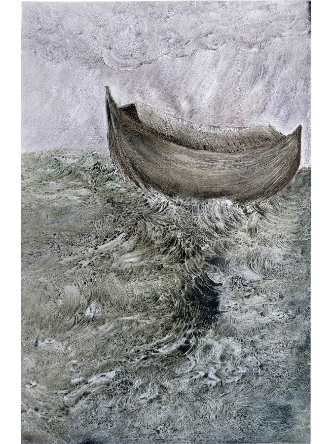 Gerrit Greve (1948-2024, Cardiff by the Sea, CA) Original Acrylic Mixed-Media Sand Painting On Canvas Titled 'Noah's Ark 29th Day' 2006 Signed Verso 40 X 60 Estimate $2,400 - $3,000