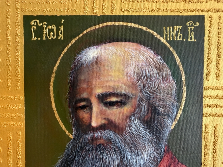 Gerrit Greve (1948-2024, Cardiff by the Sea, CA) Original Acrylic Mixed-Media Sand Painting On Canvas Titled 'St. John' Signed Verso 48 X 48 Estimate $2,300 - $2,900 [Photo 3]