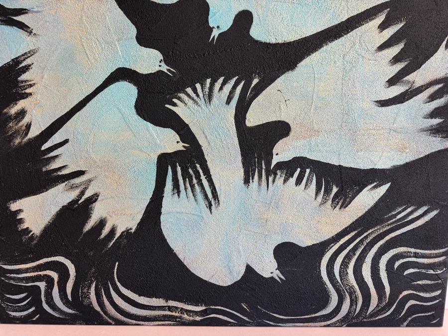 Gerrit Greve (1948-2024, Cardiff by the Sea, CA) Original Acrylic Mixed-Media Sand Painting On Canvas Titled 'Five Birds Over Water' 2003 Signed Verso 48 X 48 Estimate $2,300 - $2,900 [Photo 5]