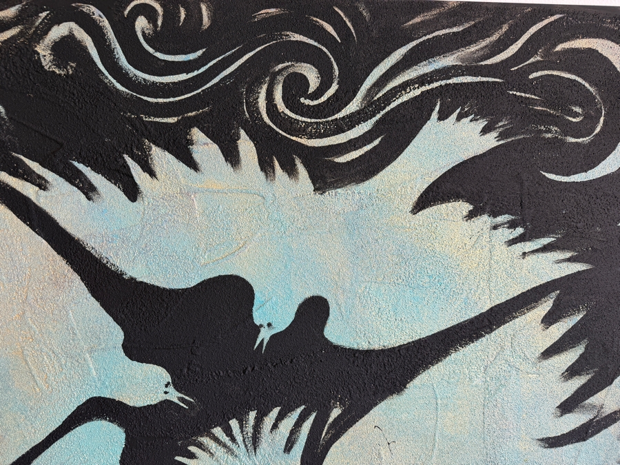 Gerrit Greve (1948-2024, Cardiff by the Sea, CA) Original Acrylic Mixed-Media Sand Painting On Canvas Titled 'Five Birds Over Water' 2003 Signed Verso 48 X 48 Estimate $2,300 - $2,900 [Photo 3]