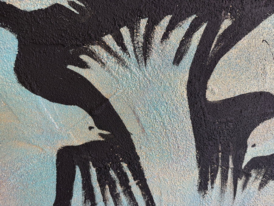 Gerrit Greve (1948-2024, Cardiff by the Sea, CA) Original Acrylic Mixed-Media Sand Painting On Canvas Titled 'Five Birds Over Water' 2003 Signed Verso 48 X 48 Estimate $2,300 - $2,900 [Photo 4]