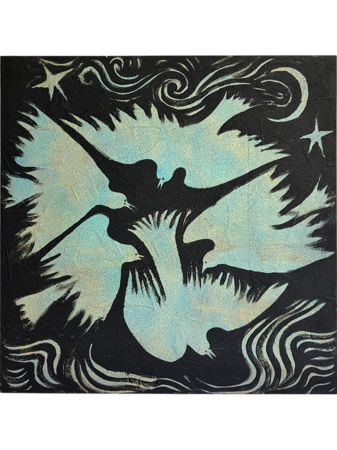 Gerrit Greve (1948-2024, Cardiff by the Sea, CA) Original Acrylic Mixed-Media Sand Painting On Canvas Titled 'Five Birds Over Water' 2003 Signed Verso 48 X 48 Estimate $2,300 - $2,900