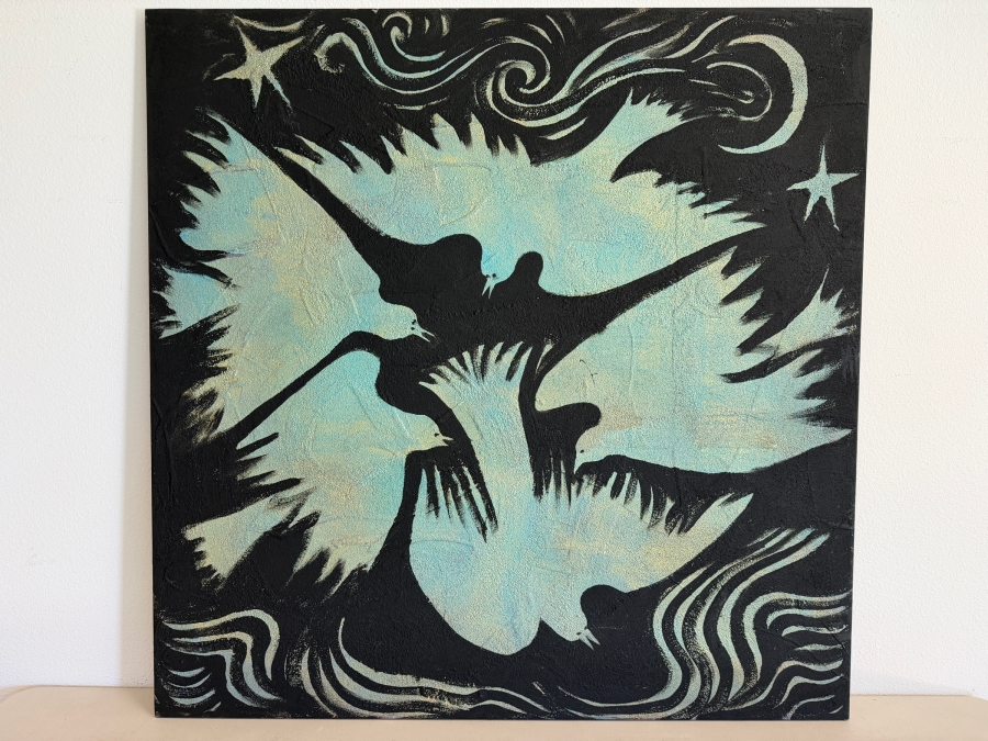 Gerrit Greve (1948-2024, Cardiff by the Sea, CA) Original Acrylic Mixed-Media Sand Painting On Canvas Titled 'Five Birds Over Water' 2003 Signed Verso 48 X 48 Estimate $2,300 - $2,900 [Photo 2]