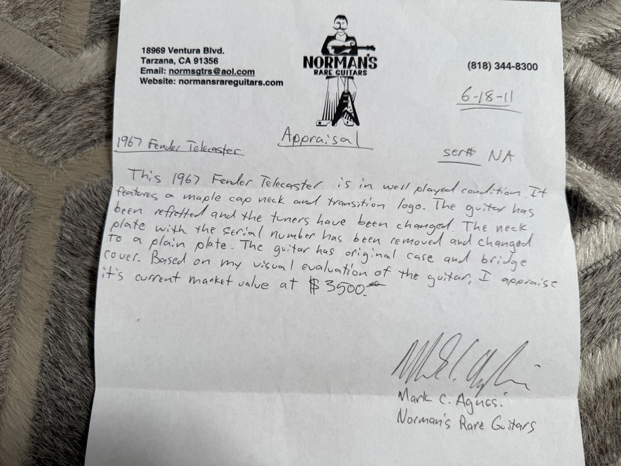 Vintage 1967 Fender Transition Telecaster Electric Guitar from Wade Norton's Personal Collection with Purchase Receipt - Appraised by Norman's Rare Guitars in 2011 for $3,500 (Appraisal Included)
 [Photo 2]