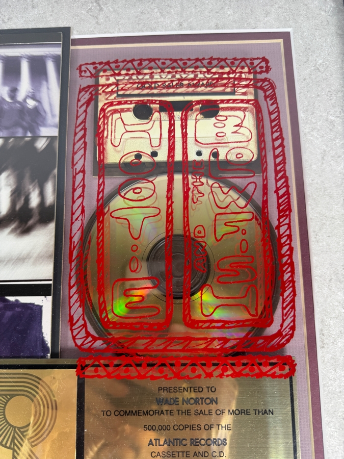 Hootie & The Blowfish Music Industry Award Presented to Wade Norton To Commemorate the Sale of More Than 500,000 Copies of the Atlantic Records Cassette and CD of 'Cracked Rear View' - Plexiglass has Crack in Lower Left 23 X 16 [Photo 3]