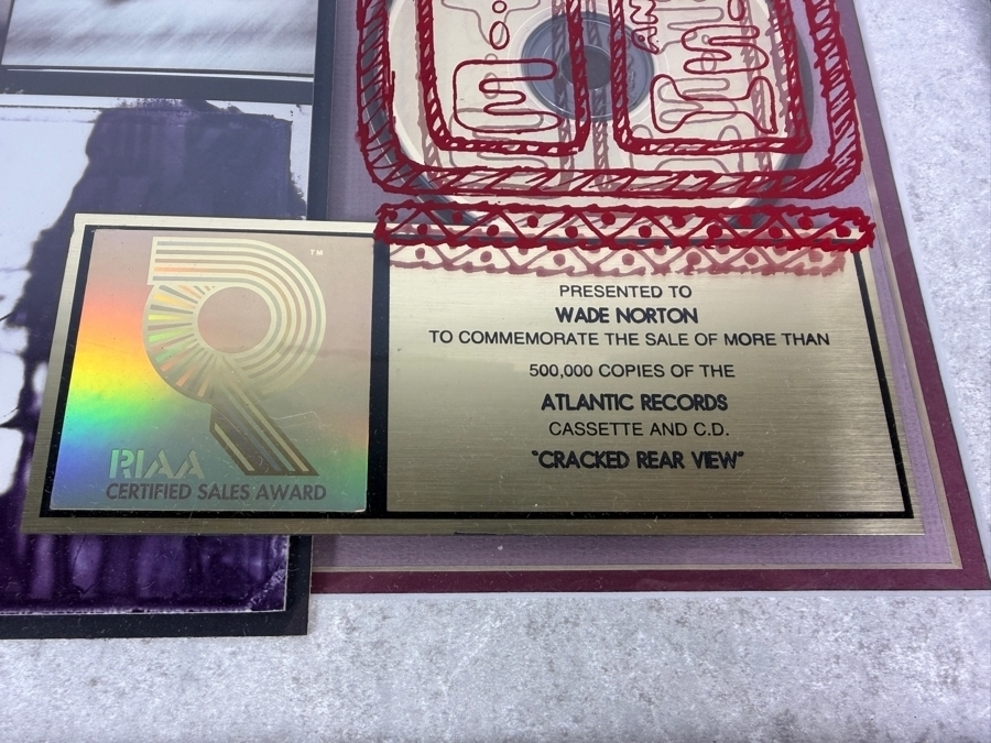 Hootie & The Blowfish Music Industry Award Presented to Wade Norton To Commemorate the Sale of More Than 500,000 Copies of the Atlantic Records Cassette and CD of 'Cracked Rear View' - Plexiglass has Crack in Lower Left 23 X 16 [Photo 2]