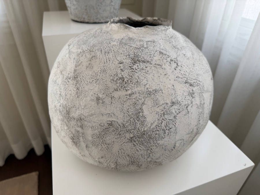 Pair of Modern White Display Pedestals with Artisan Wabi-Sabi Textured Vases [Photo 5]