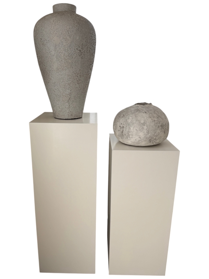 Pair of Modern White Display Pedestals with Artisan Wabi-Sabi Textured Vases