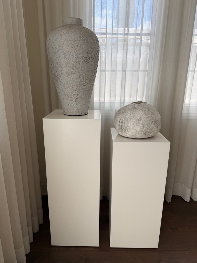 Pair of Modern White Display Pedestals with Artisan Wabi-Sabi Textured Vases [Photo 2]