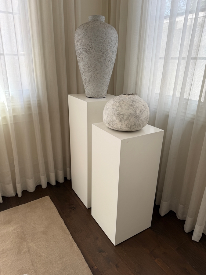 Pair of Modern White Display Pedestals with Artisan Wabi-Sabi Textured Vases [Photo 3]