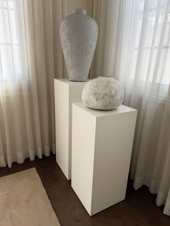 Pair of Modern White Display Pedestals with Artisan Wabi-Sabi Textured Vases [Photo 4]