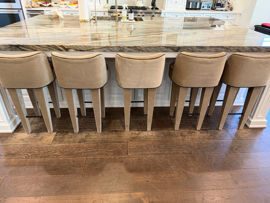 Set of 6 Custom Tiffany Howell Night Palm Velvet High Back Barstools With High-Contrast Black Piping [Photo 7]