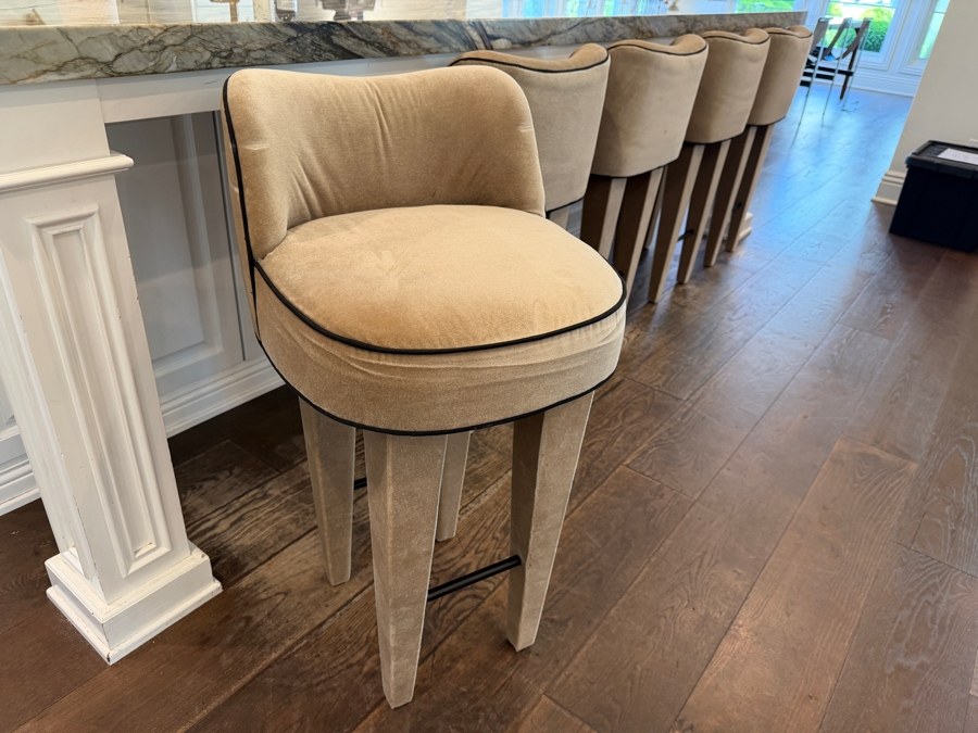 Set of 6 Custom Tiffany Howell Night Palm Velvet High Back Barstools With High-Contrast Black Piping [Photo 5]