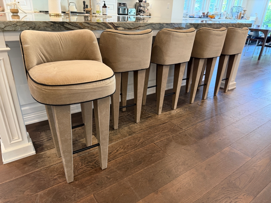 Set of 6 Custom Tiffany Howell Night Palm Velvet High Back Barstools With High-Contrast Black Piping [Photo 3]