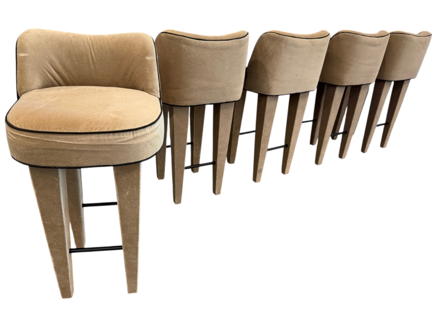 Set of 6 Custom Tiffany Howell Night Palm Velvet High Back Barstools With High-Contrast Black Piping