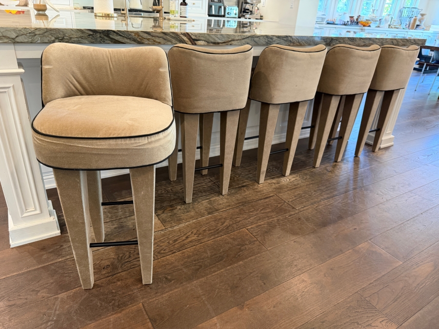 Set of 6 Custom Tiffany Howell Night Palm Velvet High Back Barstools With High-Contrast Black Piping [Photo 2]