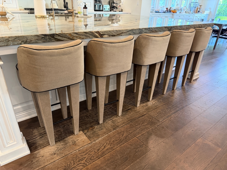 Set of 6 Custom Tiffany Howell Night Palm Velvet High Back Barstools With High-Contrast Black Piping [Photo 4]