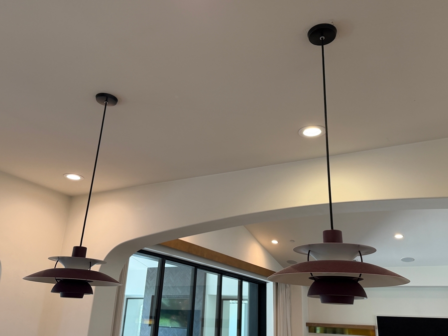 Pair of Louis Poulsen PH 5 Classic Pendant Lights (50cm) In Monochrome Burgundy Designed by Poul Henningsen In 1958 Retail $2,730/Pair [Photo 3]