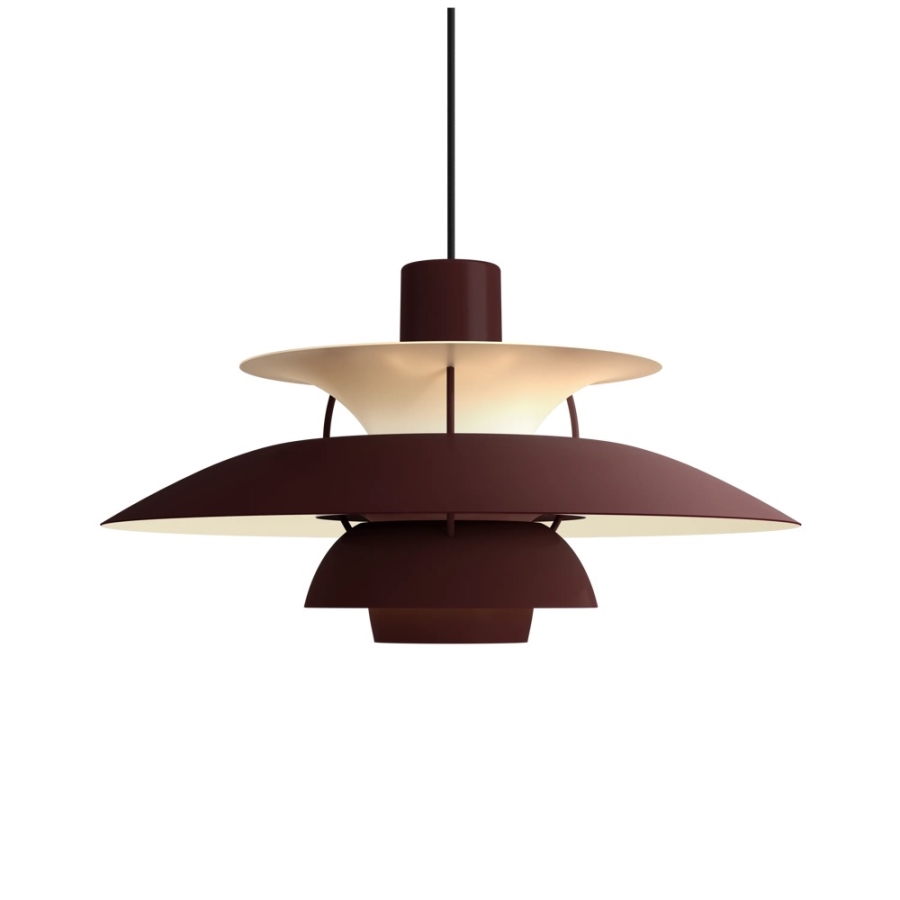 Pair of Louis Poulsen PH 5 Classic Pendant Lights (50cm) In Monochrome Burgundy Designed by Poul Henningsen In 1958 Retail $2,730/Pair