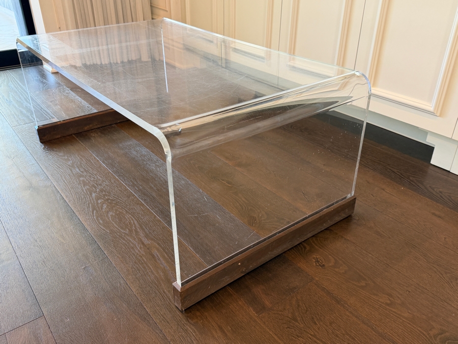Mid-Century Modern-Style Acrylic Waterfall Coffee Table with Protective Wood Runners 24W X 44L X 16H [Photo 2]
