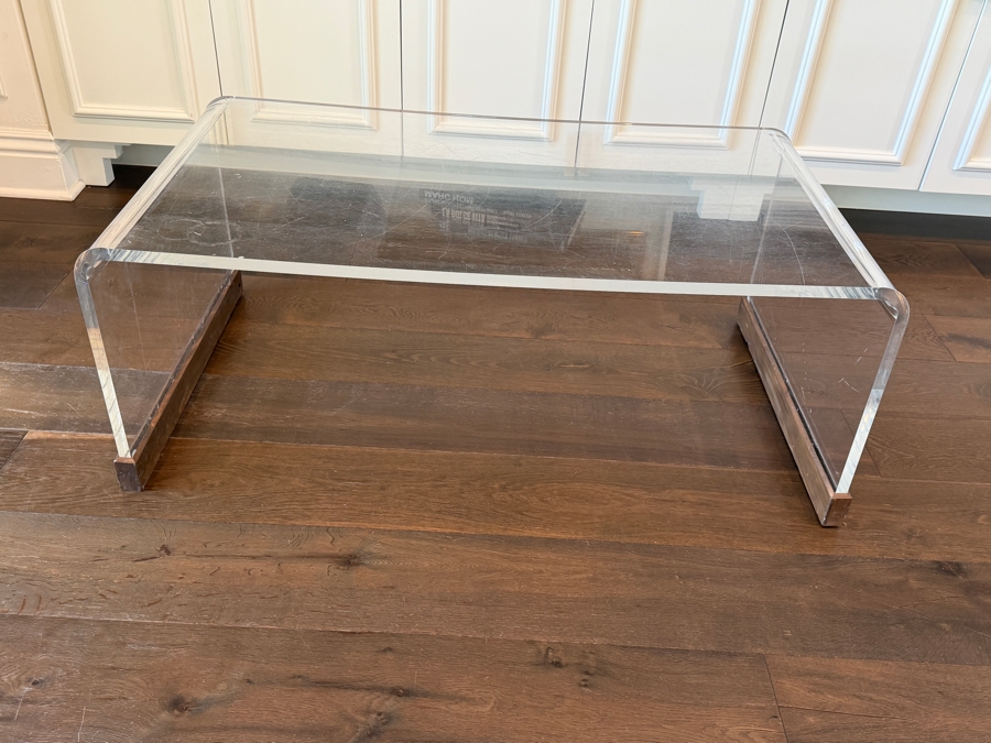 Mid-Century Modern-Style Acrylic Waterfall Coffee Table with Protective Wood Runners 24W X 44L X 16H [Photo 3]