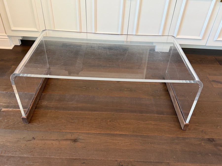 Mid-Century Modern-Style Acrylic Waterfall Coffee Table with Protective Wood Runners 24W X 44L X 16H [Photo 4]