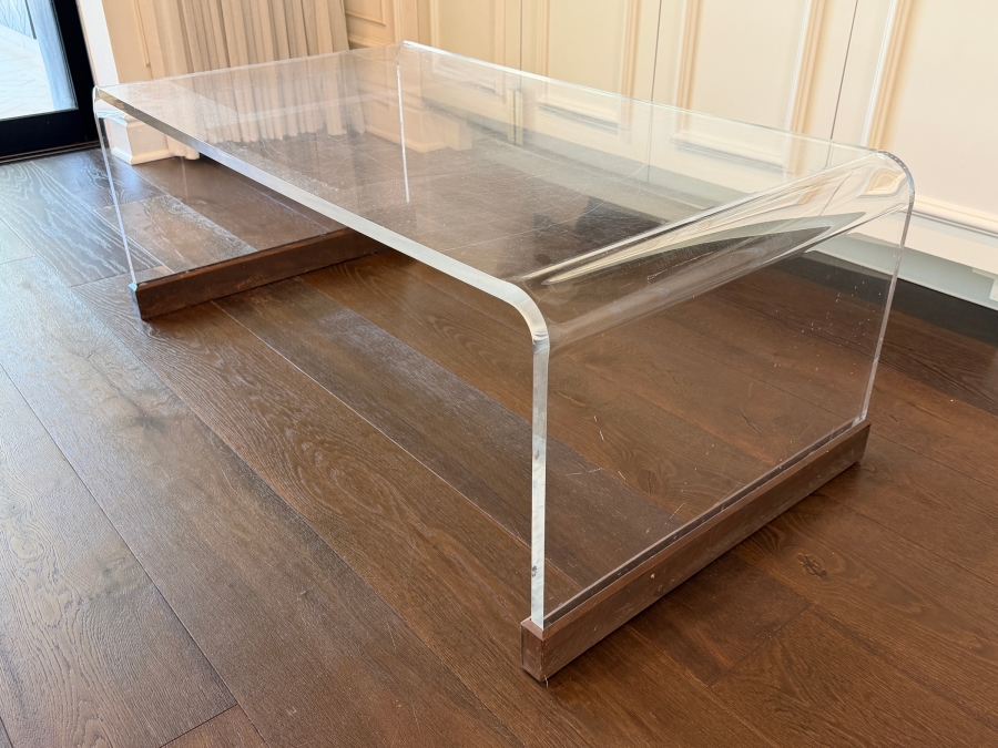 Mid-Century Modern-Style Acrylic Waterfall Coffee Table with Protective Wood Runners 24W X 44L X 16H