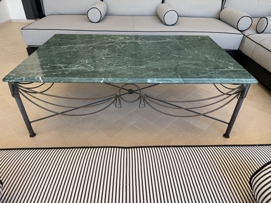 Vintage French Style Green Marble And Wrought Iron Coffee Table 33W X 53L X 18H [Photo 4]