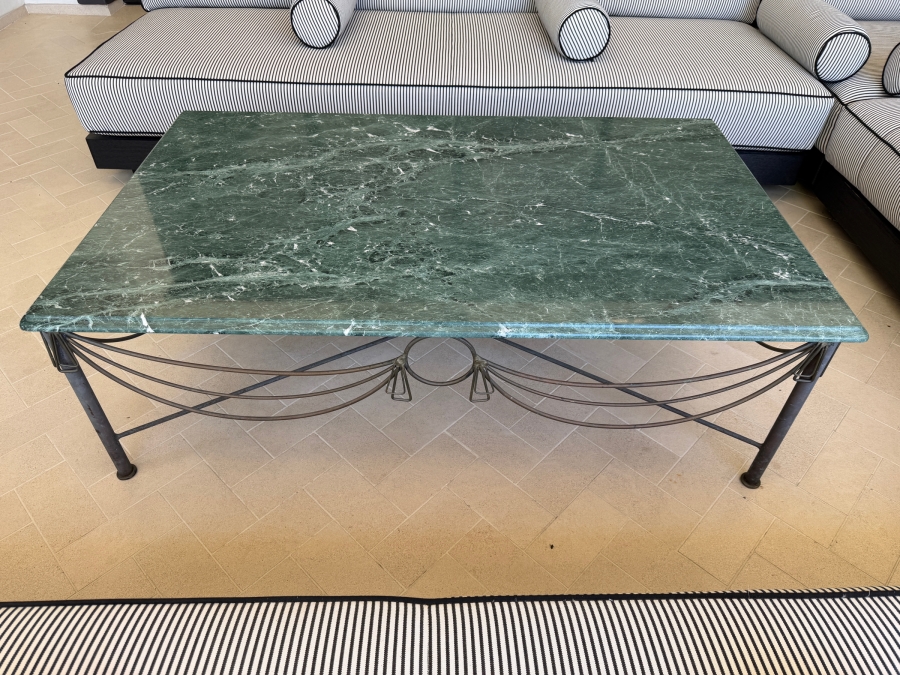 Vintage French Style Green Marble And Wrought Iron Coffee Table 33W X 53L X 18H