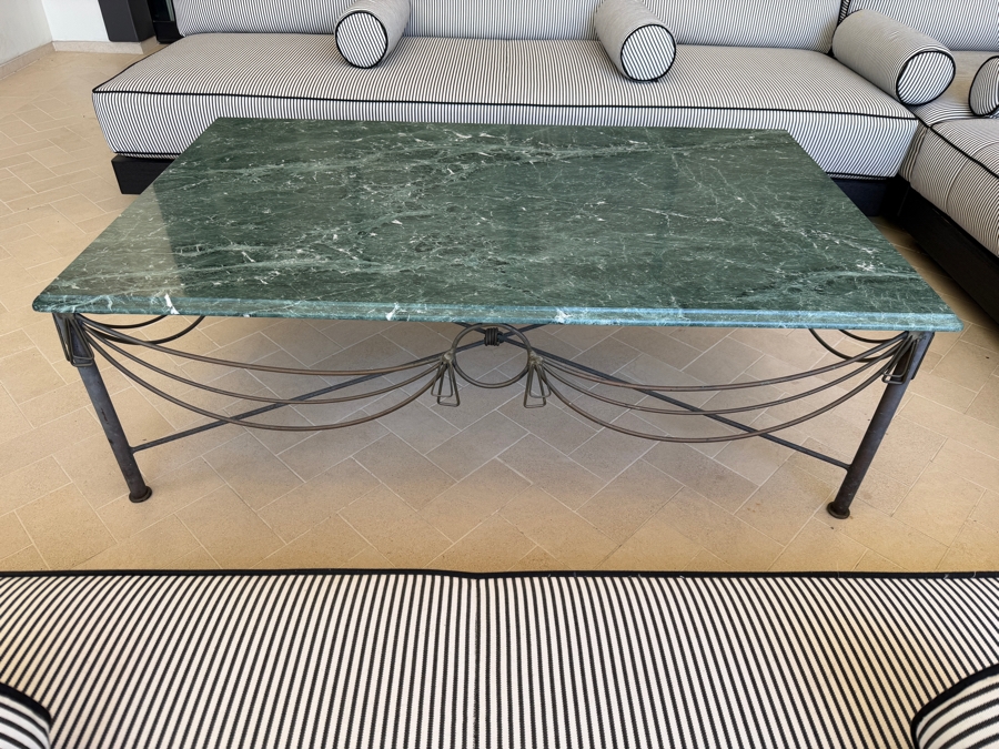 Vintage French Style Green Marble And Wrought Iron Coffee Table 33W X 53L X 18H [Photo 3]