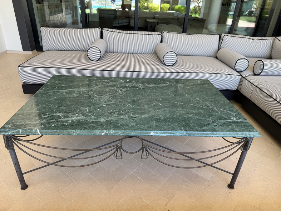 Vintage French Style Green Marble And Wrought Iron Coffee Table 33W X 53L X 18H [Photo 2]