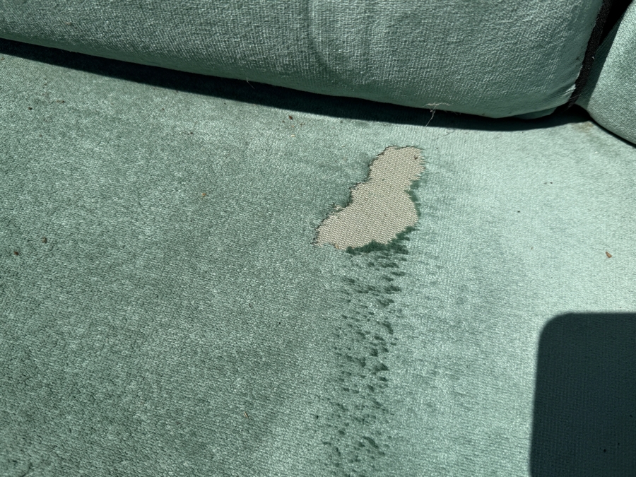 Restoration Hardware Maya Teak (Painted Black) Sofa With Green Velvet Cushions (See Photos For Condition of Cushions) 93'W X 37'D X 26'H Retails $5,330 [Photo 6]
