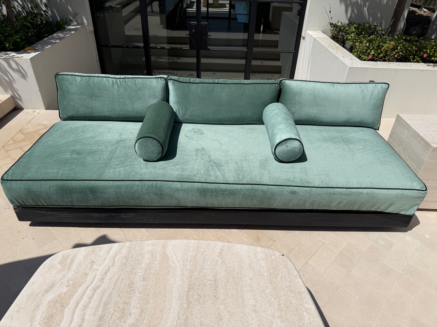 Restoration Hardware Maya Teak (Painted Black) Sofa With Green Velvet Cushions (See Photos For Condition of Cushions) 93'W X 37'D X 26'H Retails $5,330 [Photo 3]