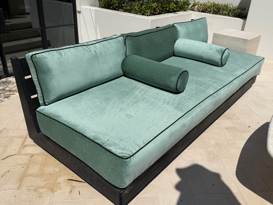 Restoration Hardware Maya Teak (Painted Black) Sofa With Green Velvet Cushions (See Photos For Condition of Cushions) 93'W X 37'D X 26'H Retails $5,330