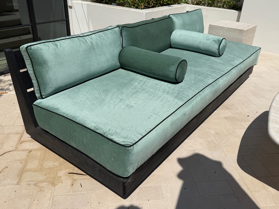 Restoration Hardware Maya Teak (Painted Black) Sofa With Green Velvet Cushions (See Photos For Condition of Cushions) 93'W X 37'D X 26'H Retails $5,330 [Photo 2]