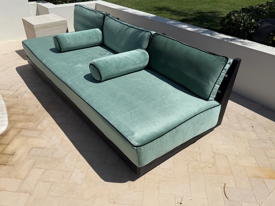 Restoration Hardware Maya Teak (Painted Black) Sofa With Green Velvet Cushions (See Photos For Condition of Cushions) 93'W X 37'D X 26'H Retails $5,330 [Photo 3]