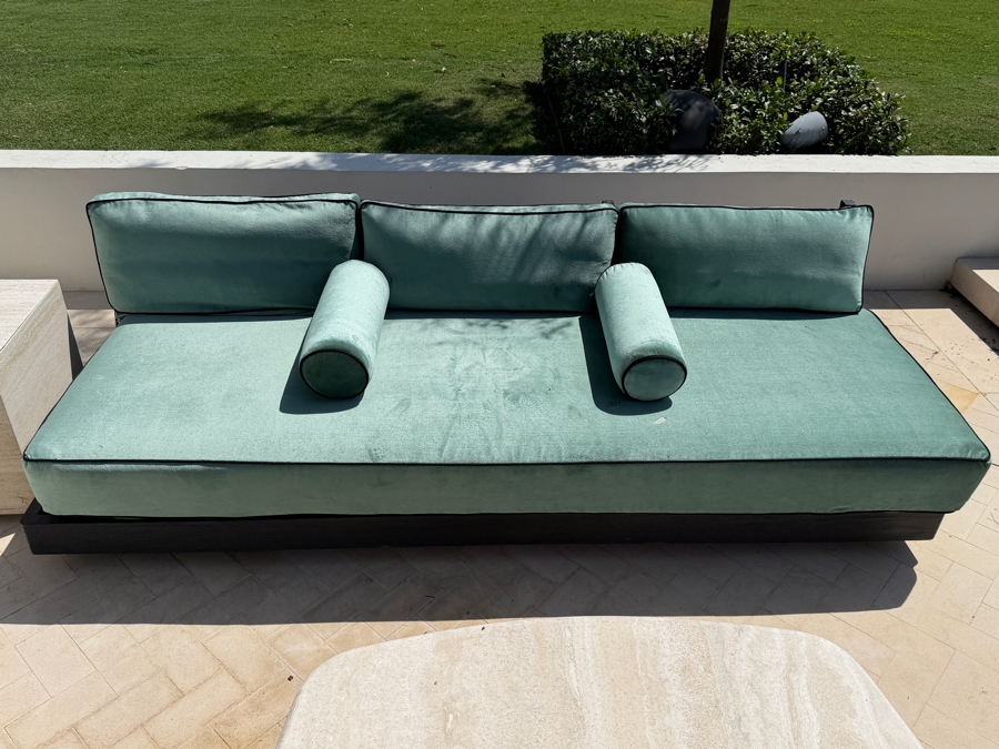 Restoration Hardware Maya Teak (Painted Black) Sofa With Green Velvet Cushions (See Photos For Condition of Cushions) 93'W X 37'D X 26'H Retails $5,330 [Photo 2]