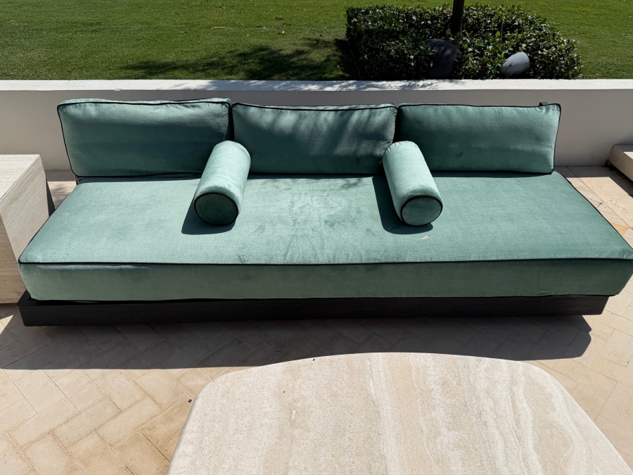 Restoration Hardware Maya Teak (Painted Black) Sofa With Green Velvet Cushions (See Photos For Condition of Cushions) 93'W X 37'D X 26'H Retails $5,330