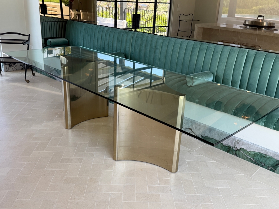 Contemporary Bernhardt Interiors Abbott Polished Brass And Smoked Glass Dining Table With Custom Architectural Plate-Glass Top 44'W x 120'L x 30'H Retail $12,500 [Photo 8]