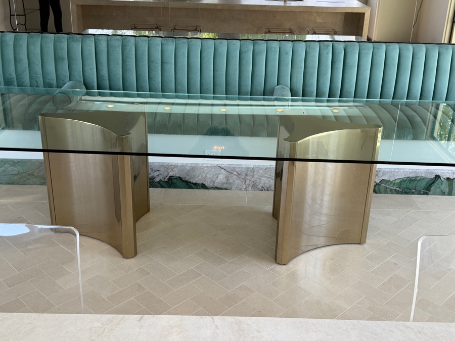 Contemporary Bernhardt Interiors Abbott Polished Brass And Smoked Glass Dining Table With Custom Architectural Plate-Glass Top 44'W x 120'L x 30'H Retail $12,500 [Photo 12]